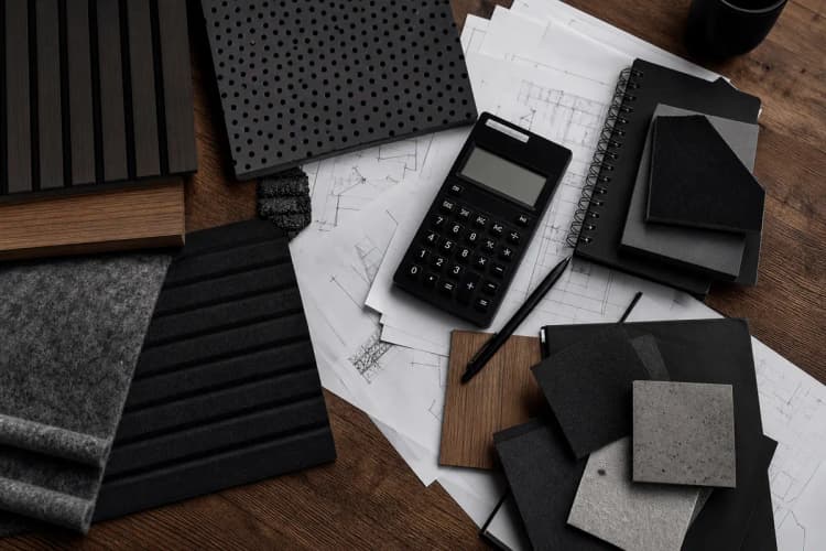 Calculadora e notas sobre uma mesa ao lado de amostras de divisórias acústicas, representando o cálculo de custos.