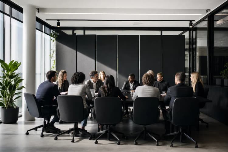 Sala de reunião bem iluminada com divisórias acústicas, mostrando um ambiente de trabalho produtivo e silencioso.