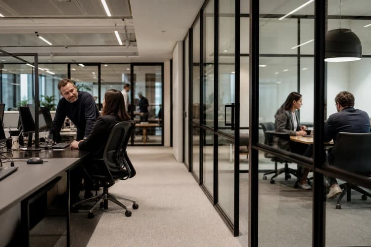 Pessoas trabalhando em um escritório com divisórias de vidro, promovendo um ambiente colaborativo e moderno.