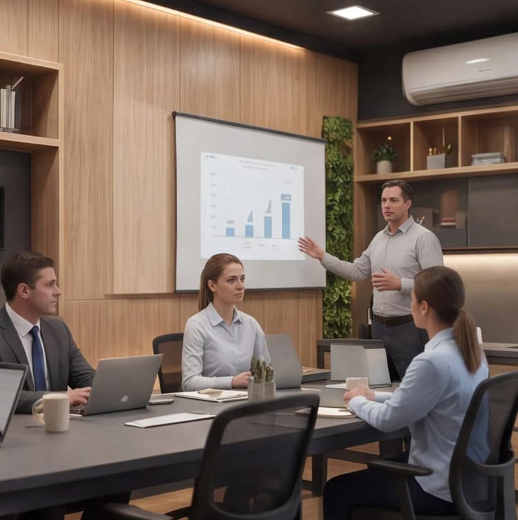 Apresentação de indicadores de produção em sala de reunião modular climatizada