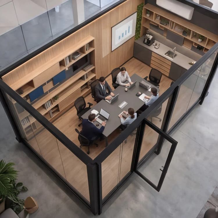 Interior de sala de reunião modular com mesa, parede de escrita e ar-condicionado split